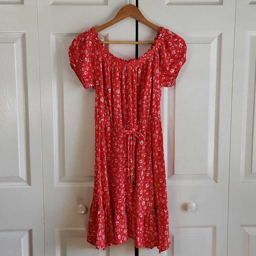 Vintage Feelib Womens‎ Red Floral Dress Size SM Peplum Ruffle Tie Cottagecore